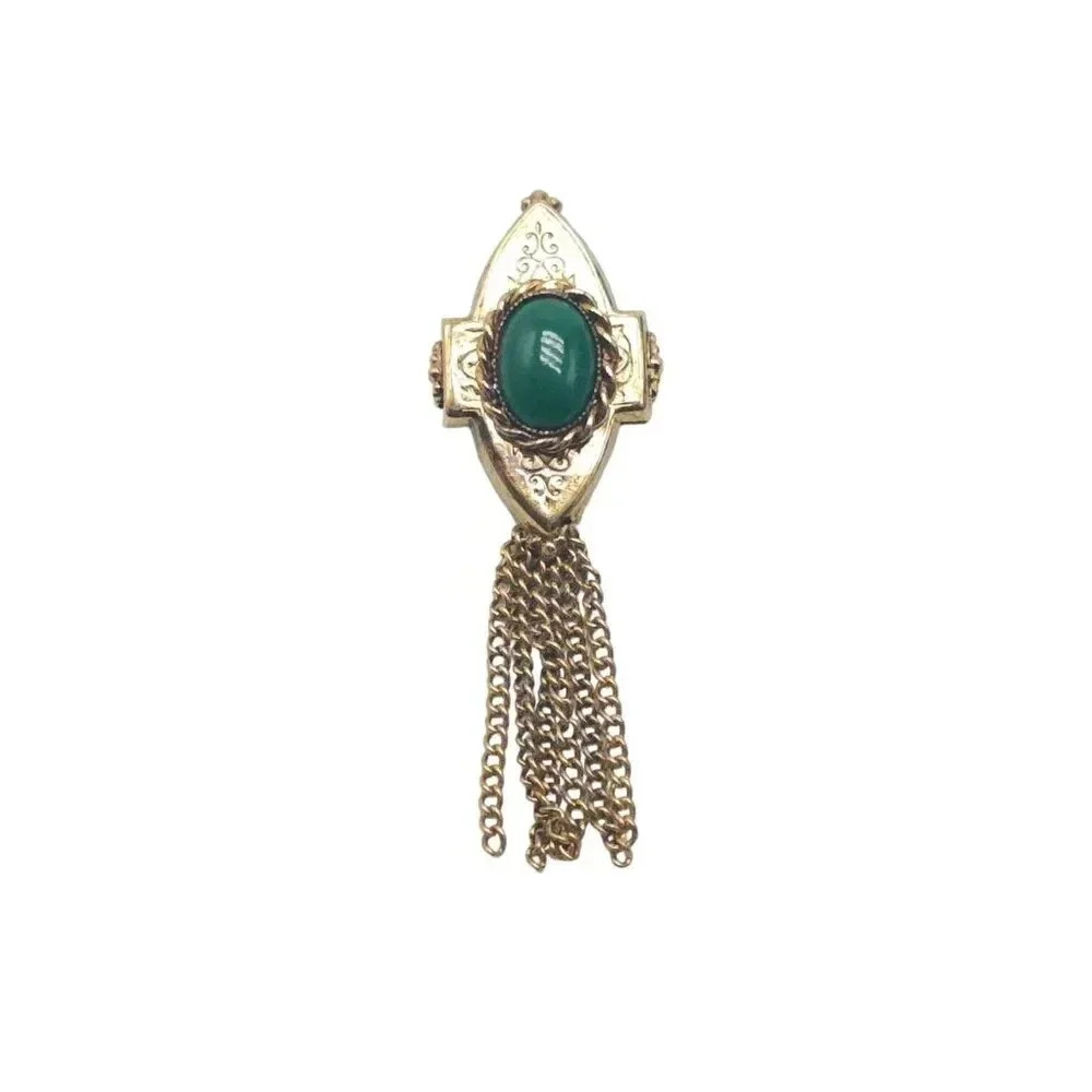 Oval Green Glass Cabochon Engraved Chain Tassel Brooch Pin Gold Tone Vintage